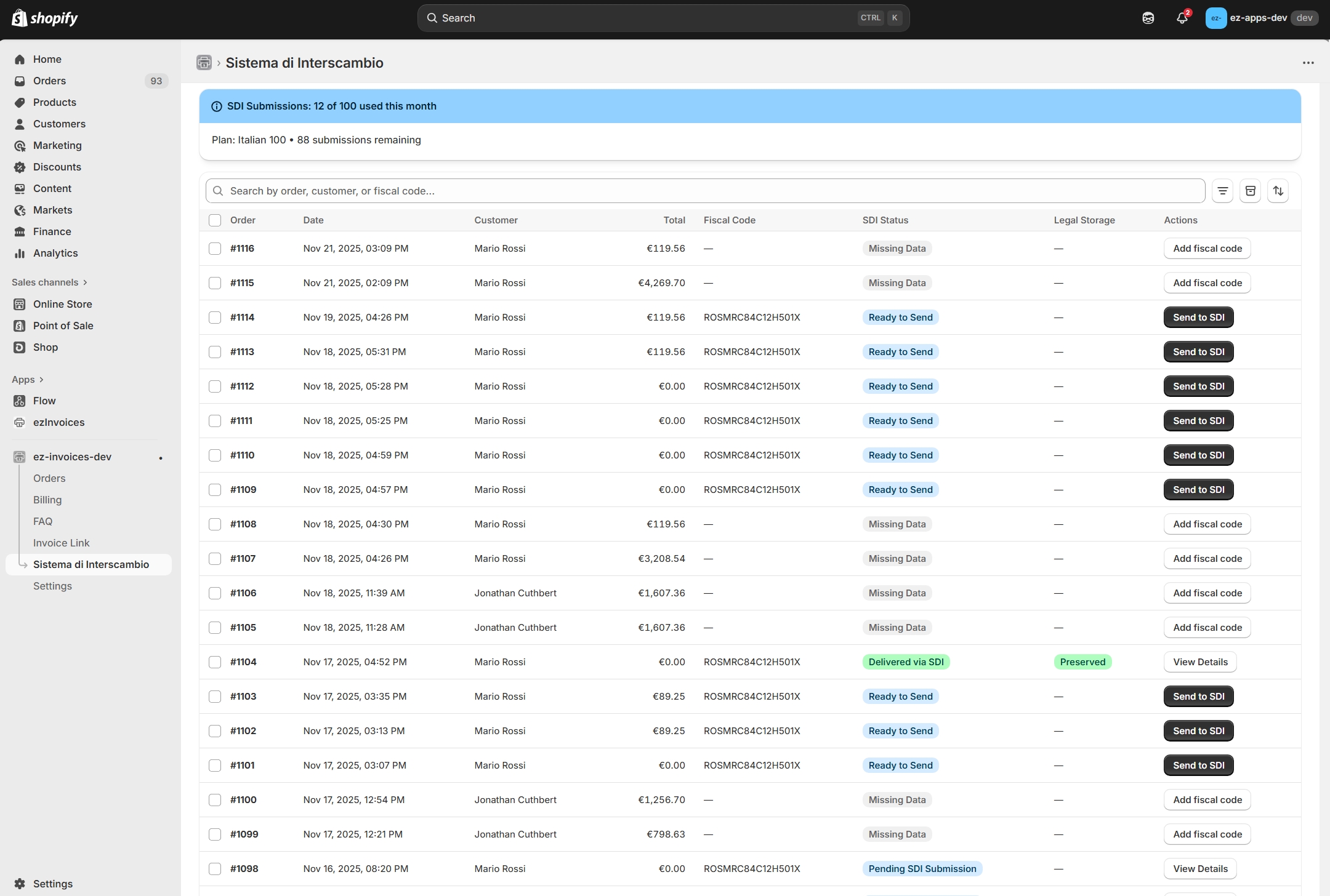 ezInvoices Italian invoicing management page showing order list with fiscal codes and SDI submission status