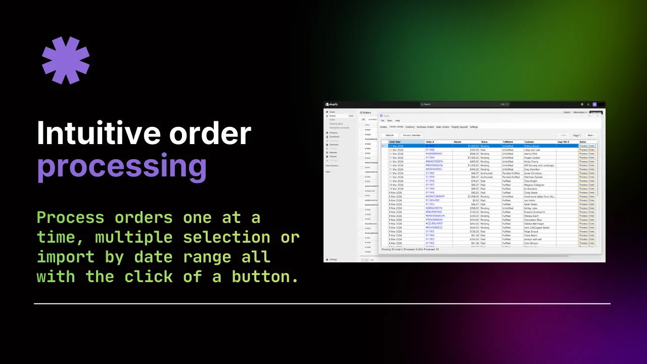 Sagify order processing screen showing Shopify orders ready to import into Sage 50